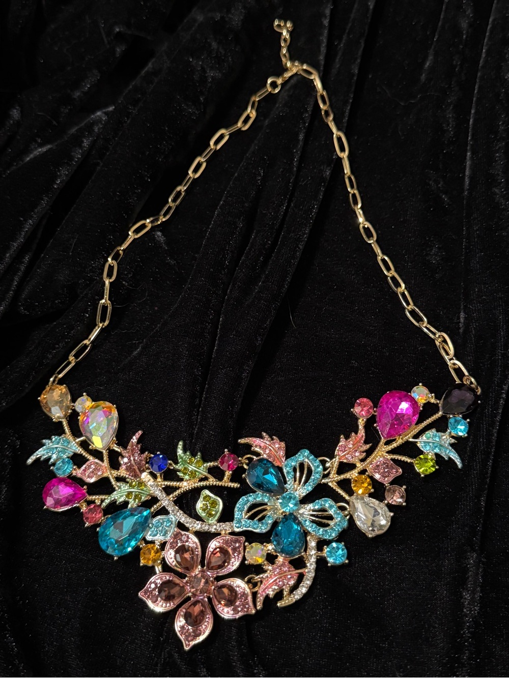 Multicolor Floral Statement Necklace - Gold Tone